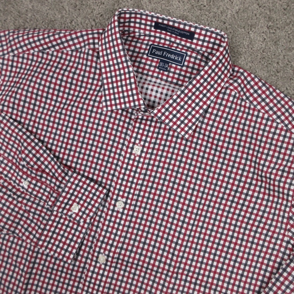 Paul Fredrick Shirt Mens 2XL 18.5 Red Tattersall Finest Long Staple Cotton NEW
